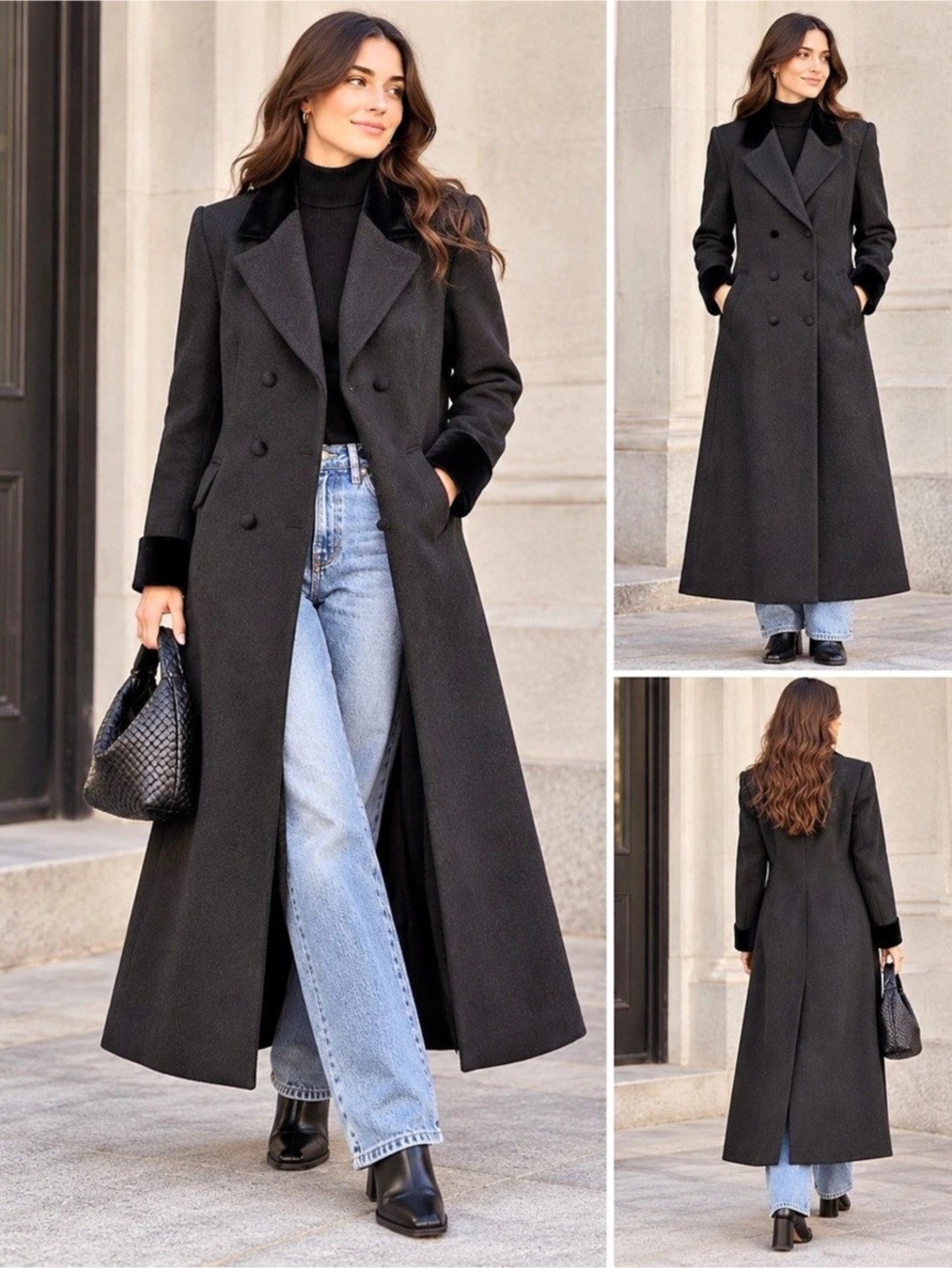 Liz Claiborne Vintage 100% Wool Long Coat Size 6 Charcoal Gray Velvet Trim